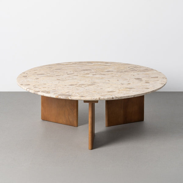 Beige Natural Stone & Wood Coffee Table 100x100x35 cm