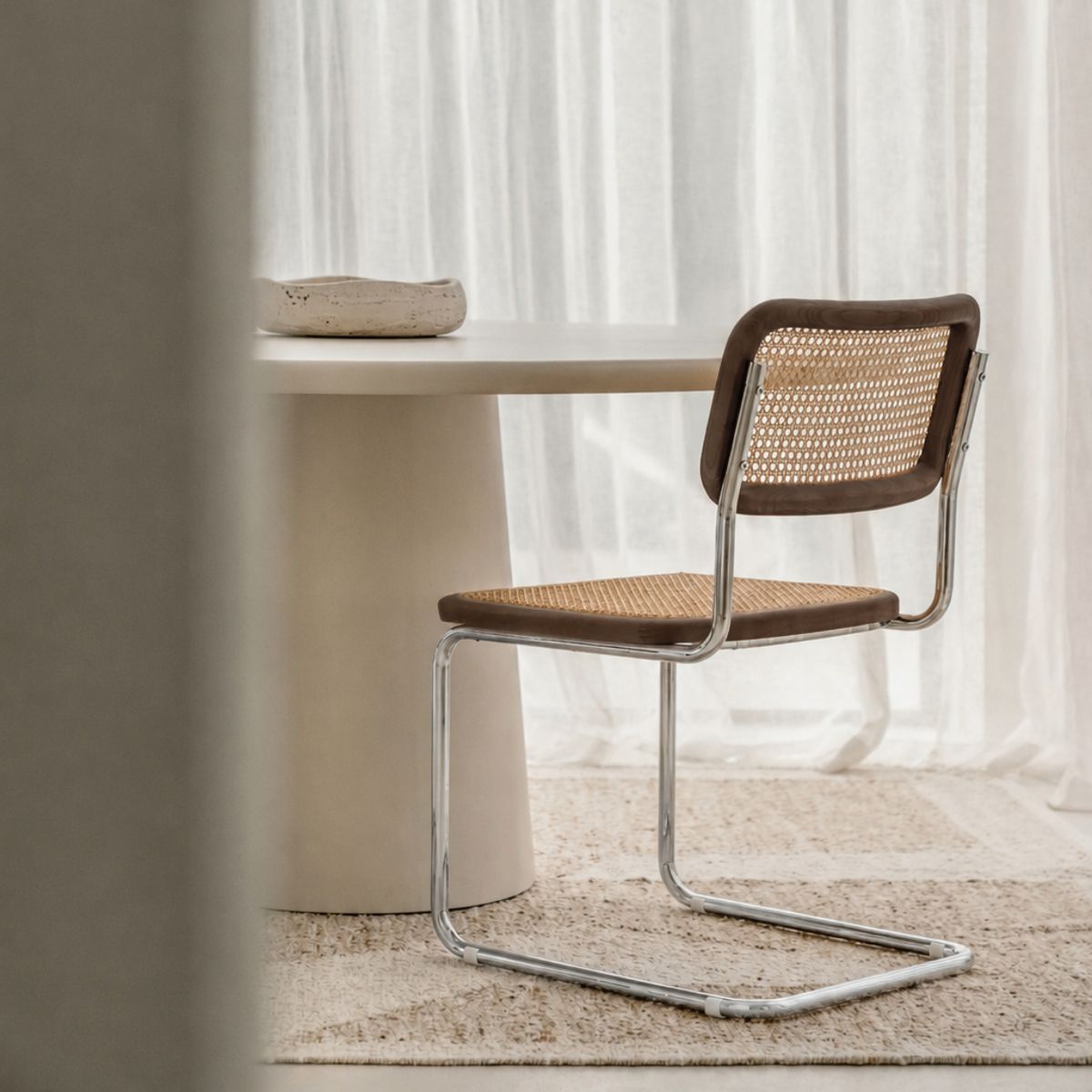 Swing Dining Chair - Natural Rattan - Smoked Wood/Chrome