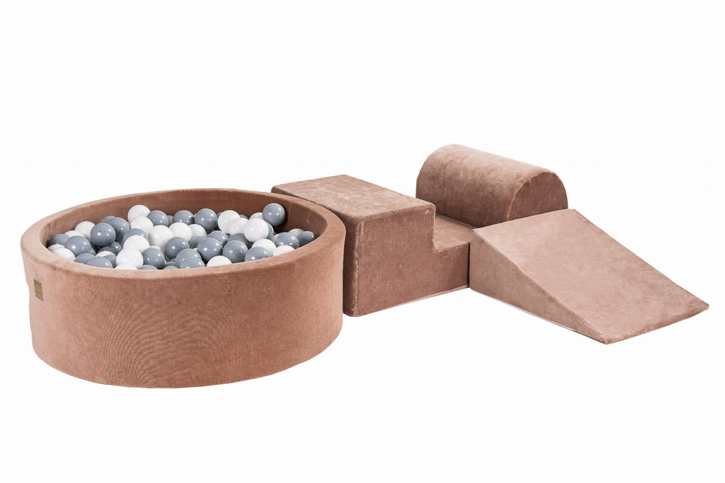 Foam 3 elements Playset with Ball Pit 90x30cm with 200 Balls Certified, Velvet, Beige: Grey/White