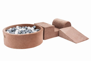 Foam 3 elements Playset with Ball Pit 90x30cm with 200 Balls Certified, Velvet, Beige: Grey/White