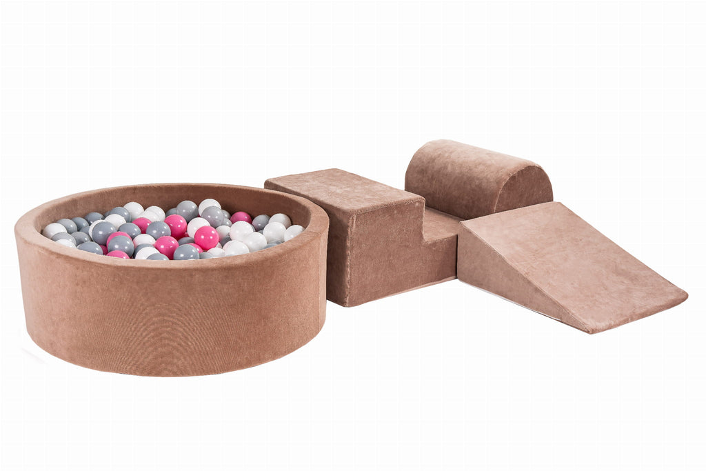 Foam 3 elements Playset with Ball Pit 90x30cm with 200 Balls Certified, Velvet, Beige: Light Pink/Grey/White