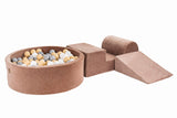 Foam 3 elements Playset with Ball Pit 90x30cm with 200 Balls Certified, Velvet, Beige: Beige/Grey/White