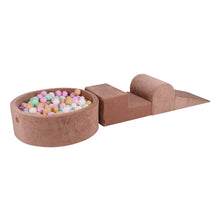 Laden Sie das Bild in den Galerie-Viewer, Foam 3 elements Playset with Ball Pit 90x30cm with 200 Balls Certified, Velvet, Beige: Pastel Pink/Mint/White/Beige