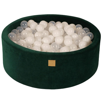 Baby Foam Round Ball Pit 90x30cm with 200 Balls 7cm Certified, Velvet, Dark Green: White/Transparent