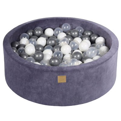 Baby Foam Round Ball Pit 90x30cm with 200 Balls 7cm Certified, Velvet,Grey Blue: White pearl/Transparent/Silver