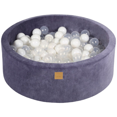 Baby Foam Round Ball Pit 90x30cm with 200 Balls 7cm Certified, Velvet,Grey Blue: White/Transparent