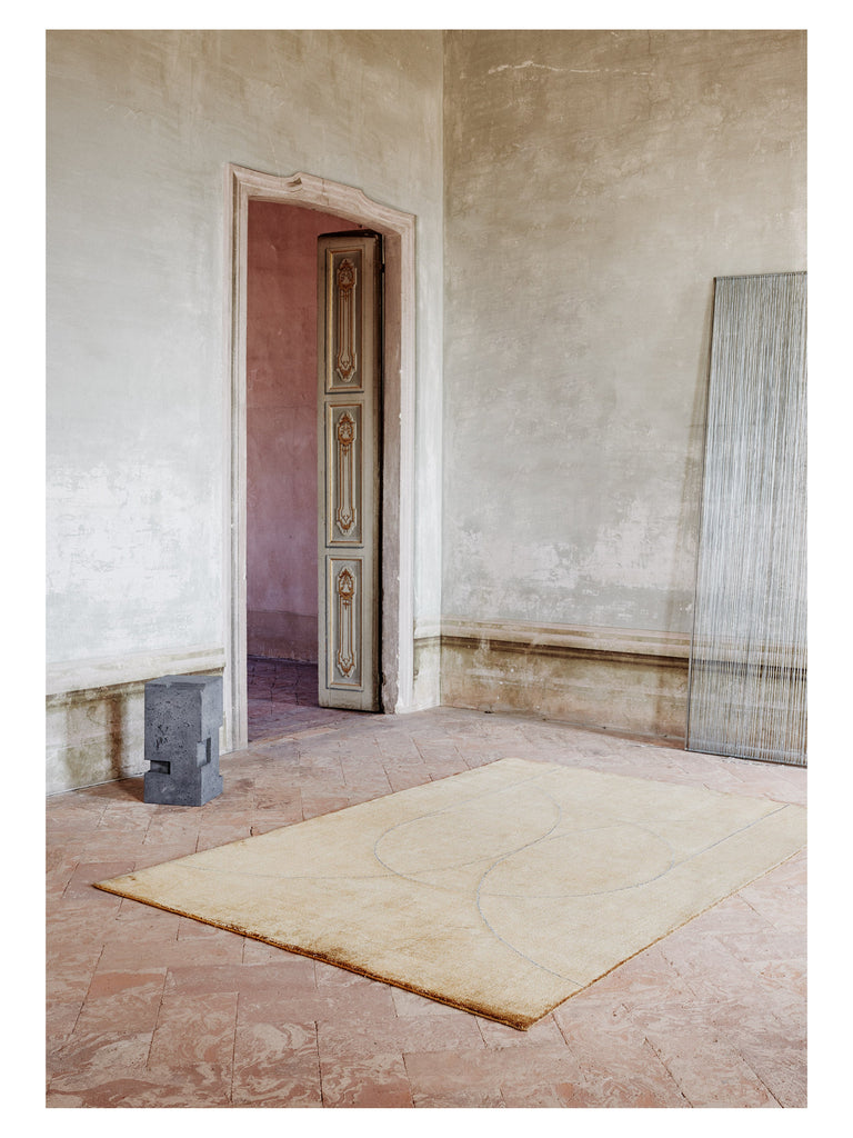 Circulus Ochre loom-knotted rug – styled in a living room | Linie Design at Bois Blanc Home, Limassol, Cyprus