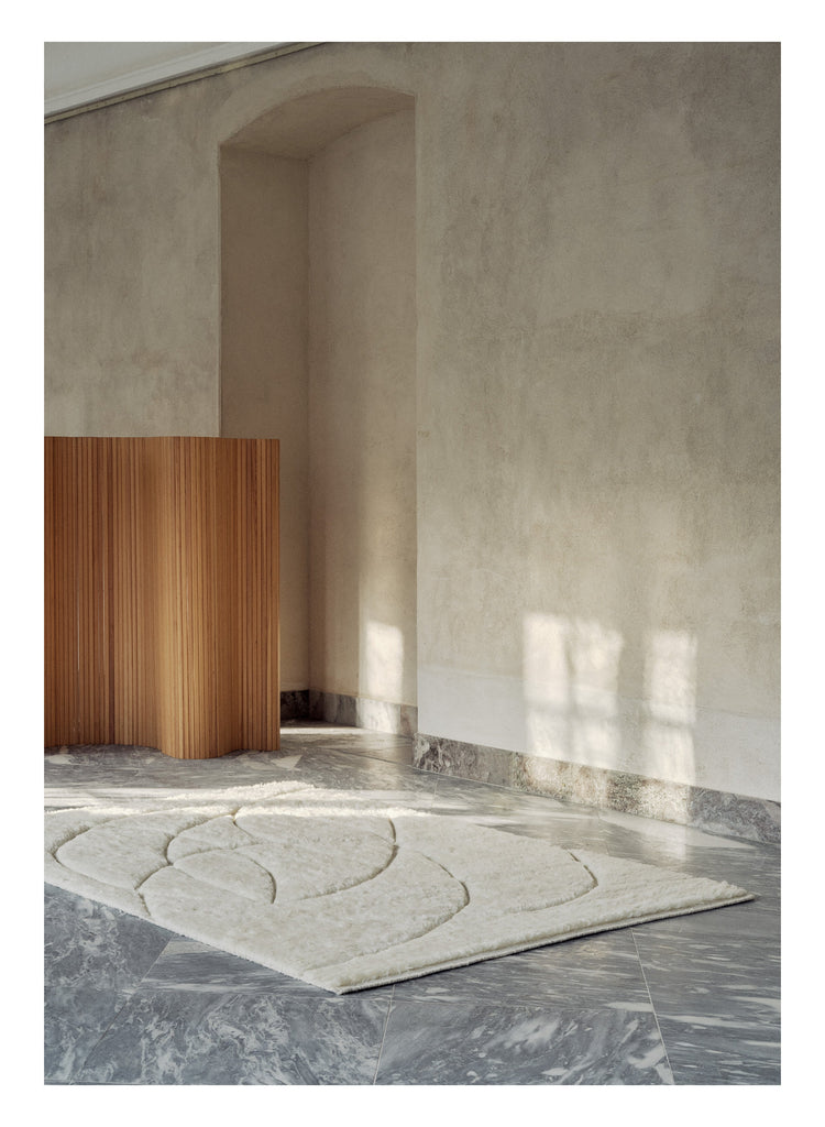 Lineal Sweep White hand-knotted rug – styled in a living room | Linie Design at Bois Blanc Home, Limassol, Cyprus