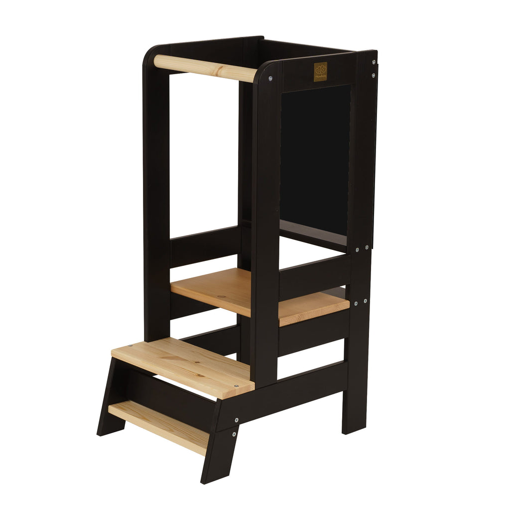 Black Wooden Kitchen Helper for Children Step Stool with Natural Elements with board