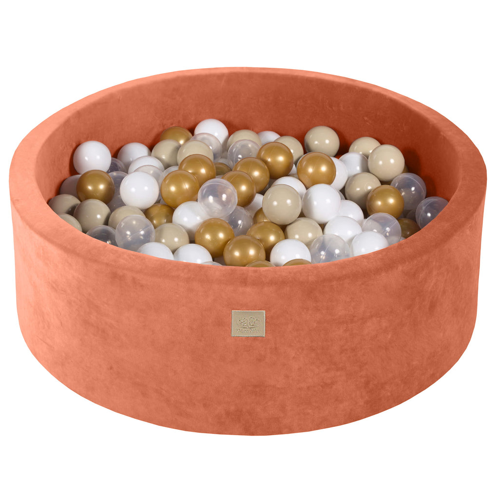 Baby Foam Round Ball Pit 90x30cm with 200 Balls 7cm Certified, Velvet, Marsala Red: Gold/Beige/White/Transparent