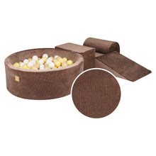 Cargar imagen en el visor de la galería, Foam 3 elements Playset with Ball Pit 90x30cm with 200 Balls Certified, Velvet Corduroy, Chocolate, Balls: beige, white, yellow
