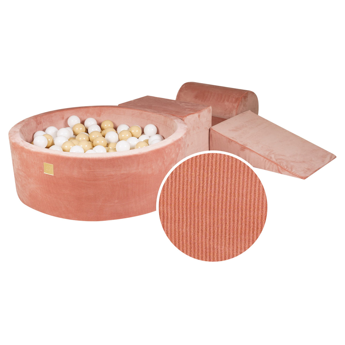Foam 3 elements Playset with Ball Pit 90x30cm with 200 Balls Certified, Velvet Corduroy, Apricot, Balls: white, beige