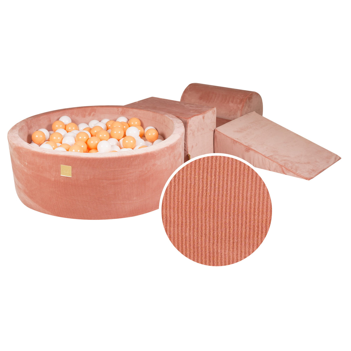 Foam 3 elements Playset with Ball Pit 90x30cm with 200 Balls Certified, Velvet Corduroy, Apricot, Balls: white, orange