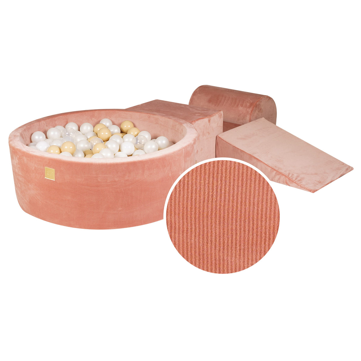 Foam 3 elements Playset with Ball Pit 90x30cm with 200 Balls Certified, Velvet Corduroy, Apricot, Balls: white pearl, beige, transparent