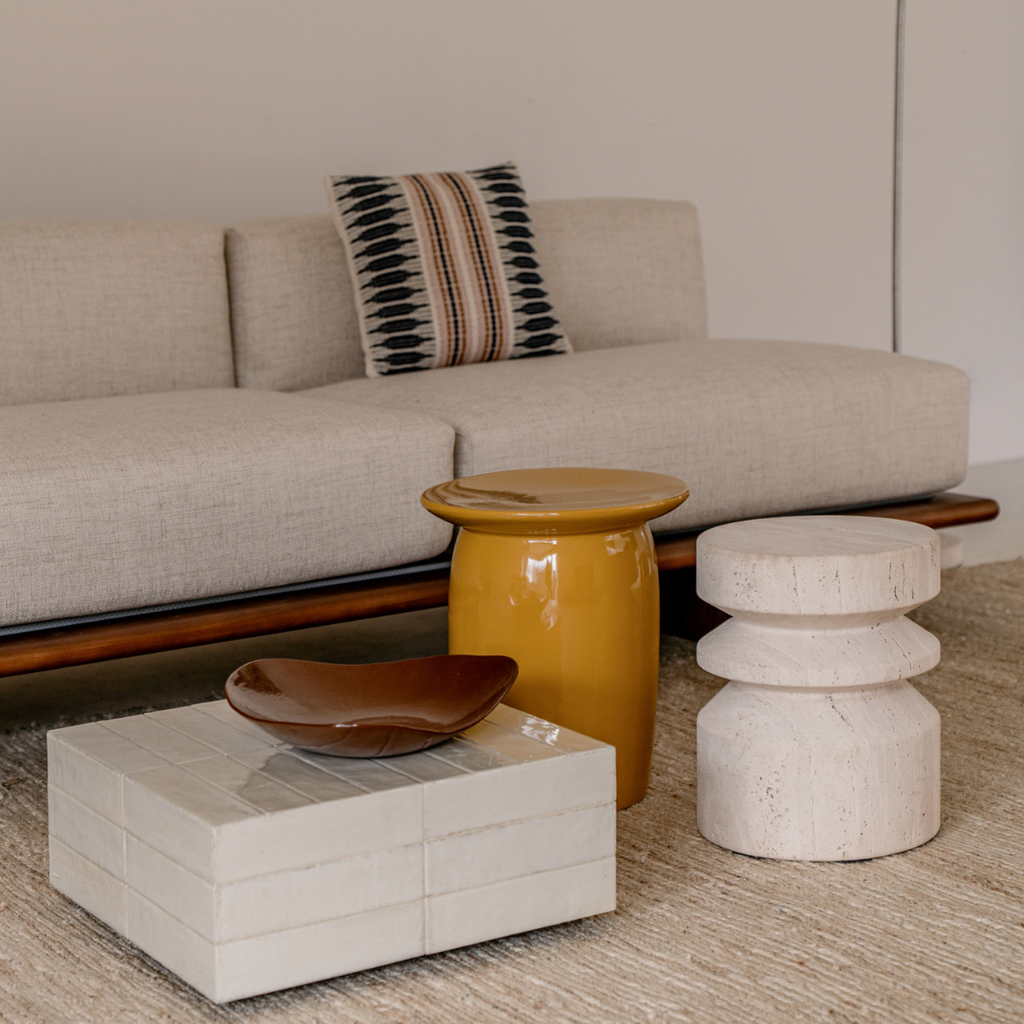 Coffee table Vence - W48 D48 H27 - light beige Tiles - metal edge