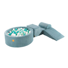 Cargar imagen en el visor de la galería, Aesthetic Foam 3 elements Playset with Ball Pit 90x30cm with 200 Balls Certified, Corduroy, Turquoise: Mint/Turquise/White