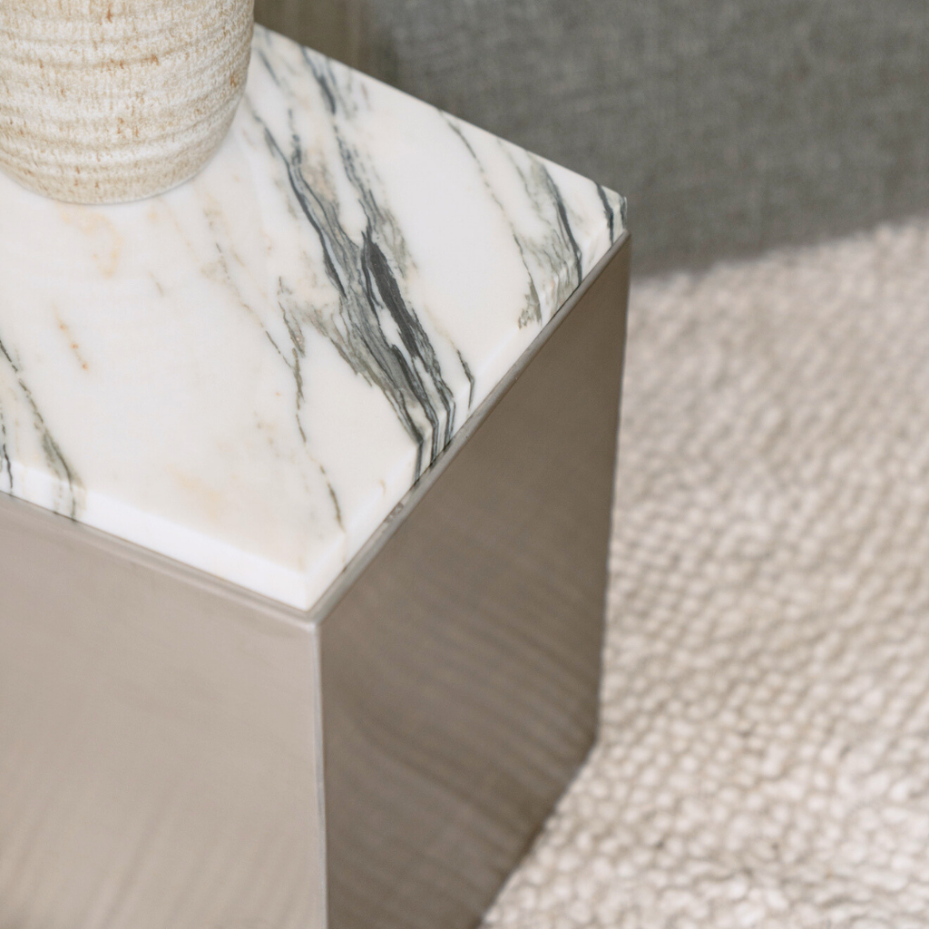 Coffee table Creully - W40 cm x D30 cm x H35 cm - Brushed steel - Blue white marble