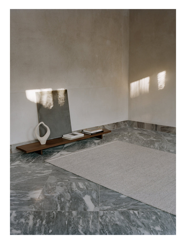 Dawn Light Grey/White hand-woven rug – styled in a living room | Linie Design at Bois Blanc Home, Limassol, Cyprus