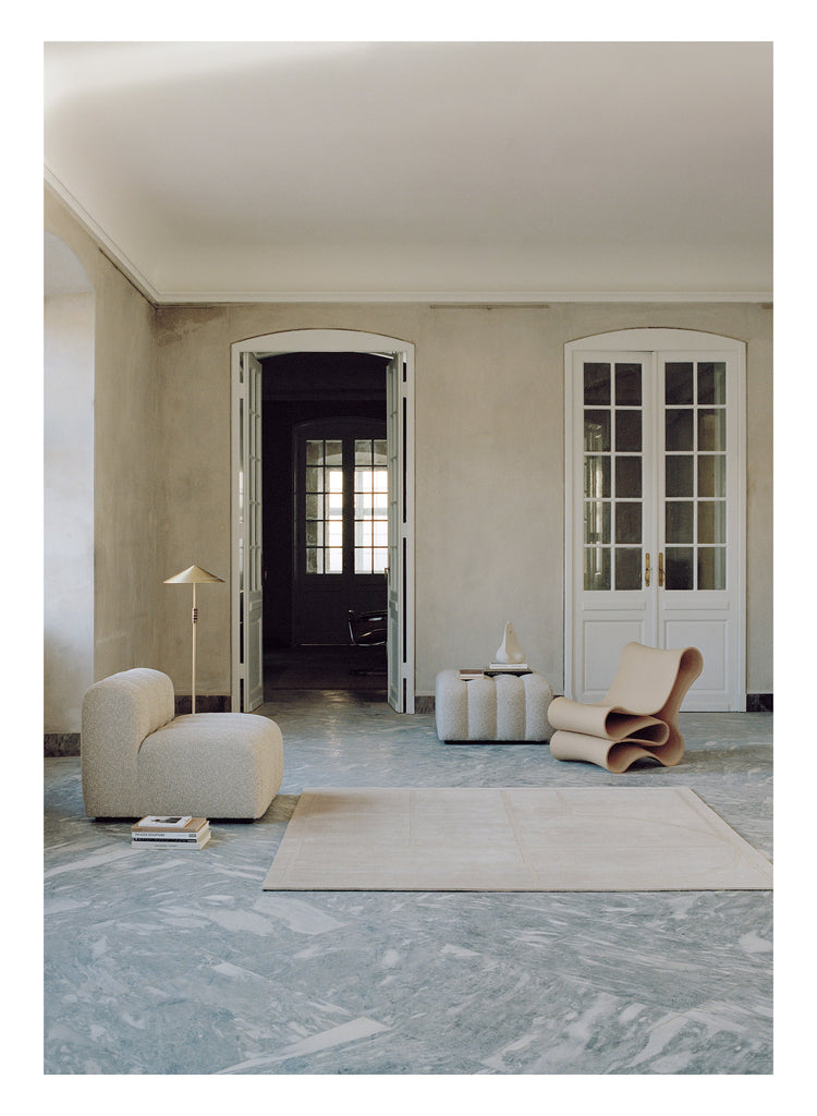 Elemental Verse Beige hand-knotted rug – styled in a living room | Linie Design at Bois Blanc Home, Limassol, Cyprus