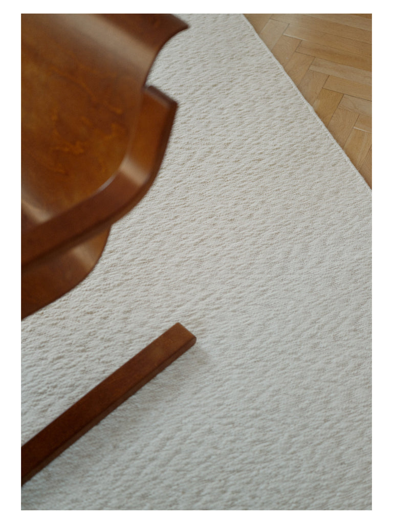 Blonde Maze White hand-knotted sumac rug – styled in a living room | Linie Design at Bois Blanc Home, Limassol, Cyprus