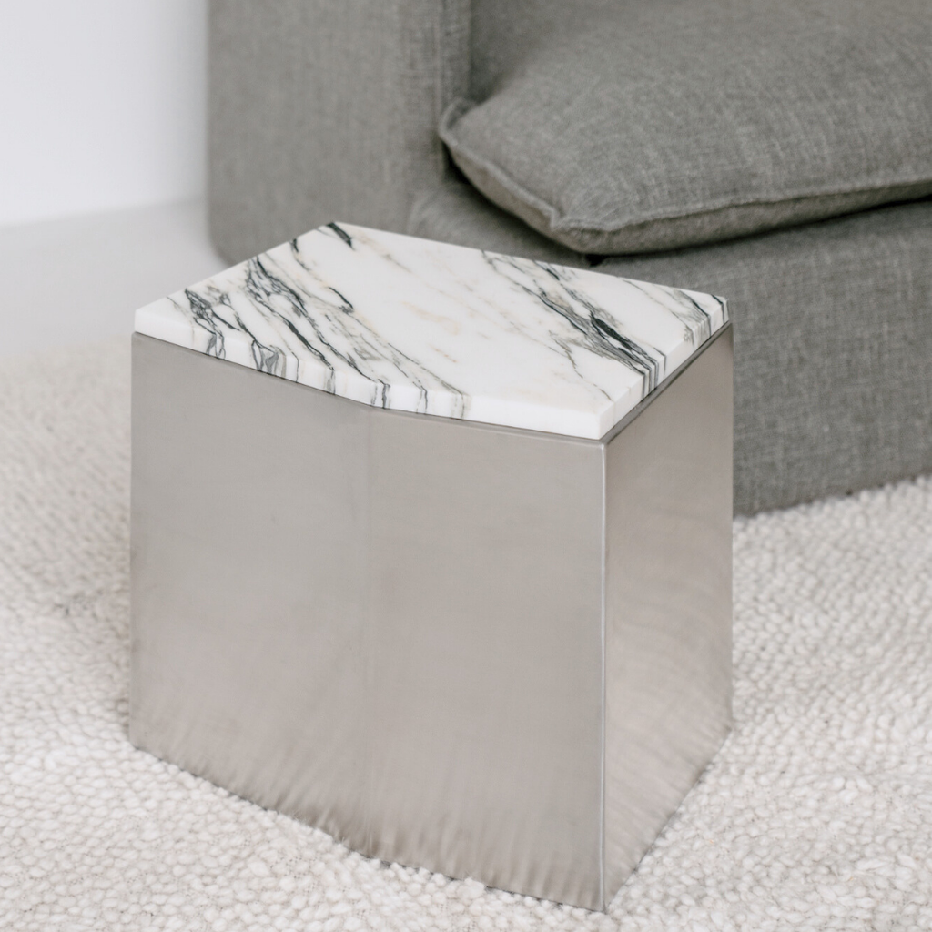 Coffee table Creully - W40 cm x D30 cm x H35 cm - Brushed steel - Blue white marble
