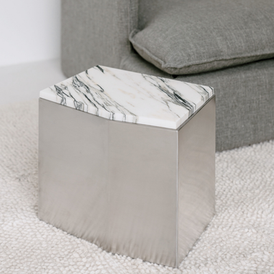 Coffee table Creully - W40 cm x D30 cm x H35 cm - Brushed steel - Blue white marble