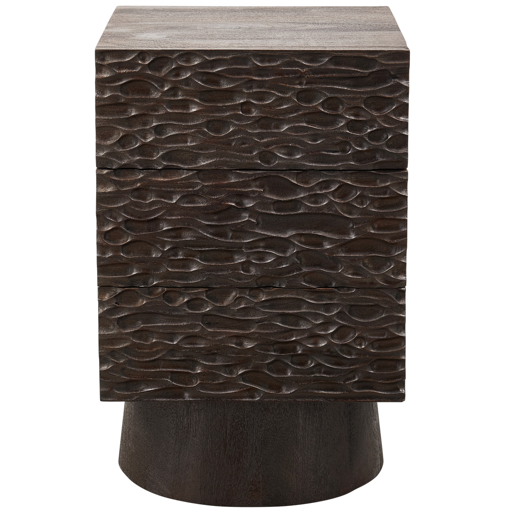 CRUMBLE CARVED NIGHTSTAND WITH DRAWERS MANGO WOOD DARK BROWN