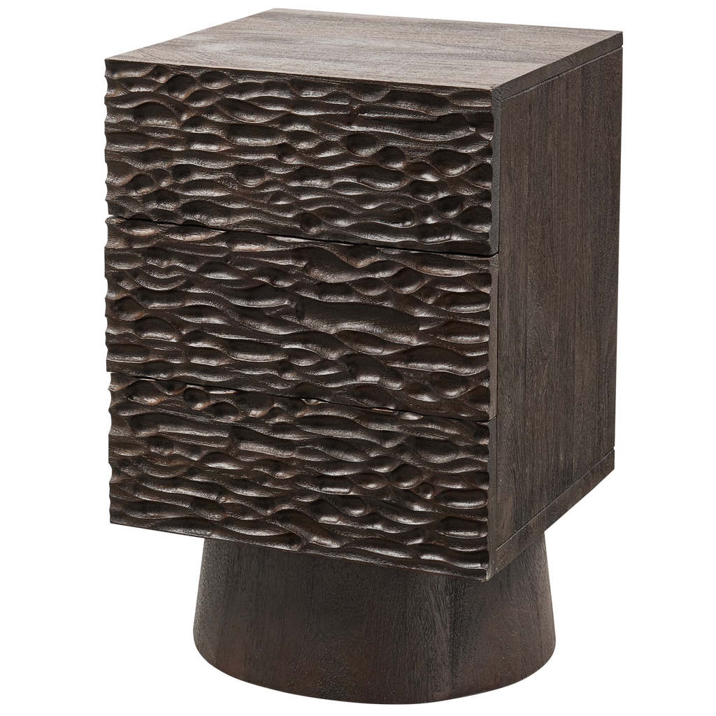 CRUMBLE CARVED NIGHTSTAND WITH DRAWERS MANGO WOOD DARK BROWN