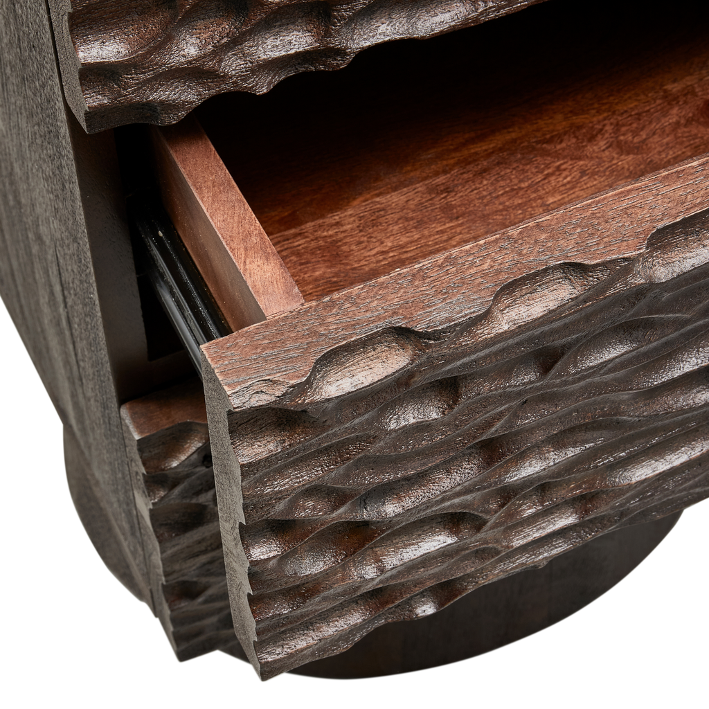 CRUMBLE CARVED NIGHTSTAND WITH DRAWERS MANGO WOOD DARK BROWN