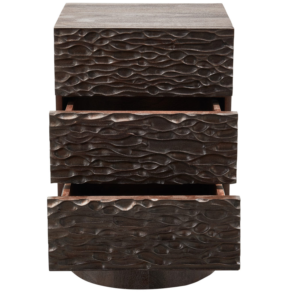 CRUMBLE CARVED NIGHTSTAND WITH DRAWERS MANGO WOOD DARK BROWN