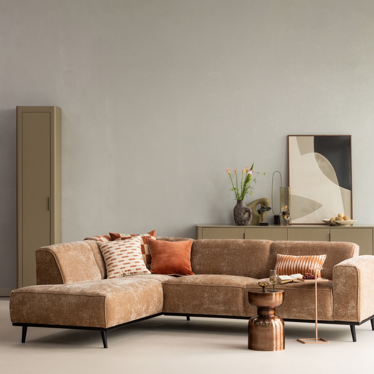 STATEMENT CORNER SOFA LEFT CHENILLE VELVET TAUPE