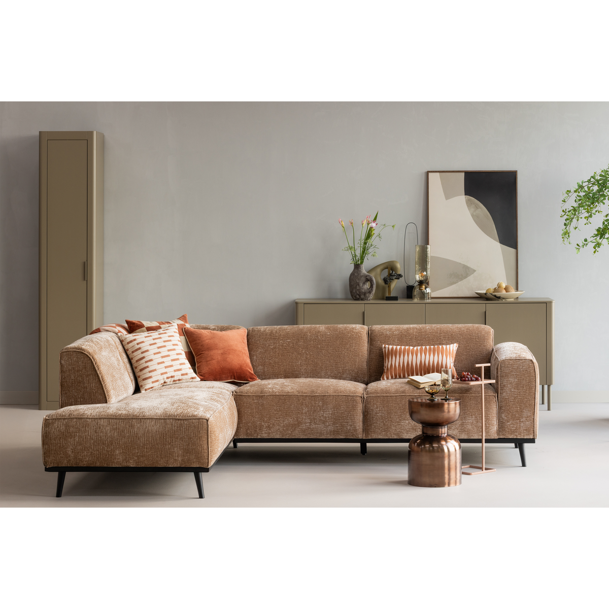 STATEMENT CORNER SOFA LEFT CHENILLE VELVET TAUPE