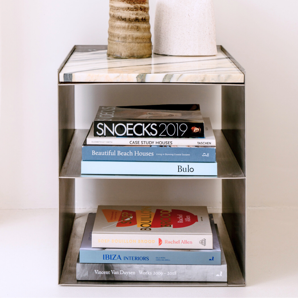 Coffee table Sofia W43 D38 H43.3 - Brushed steel - Italian blue white marble top - Straight edge
