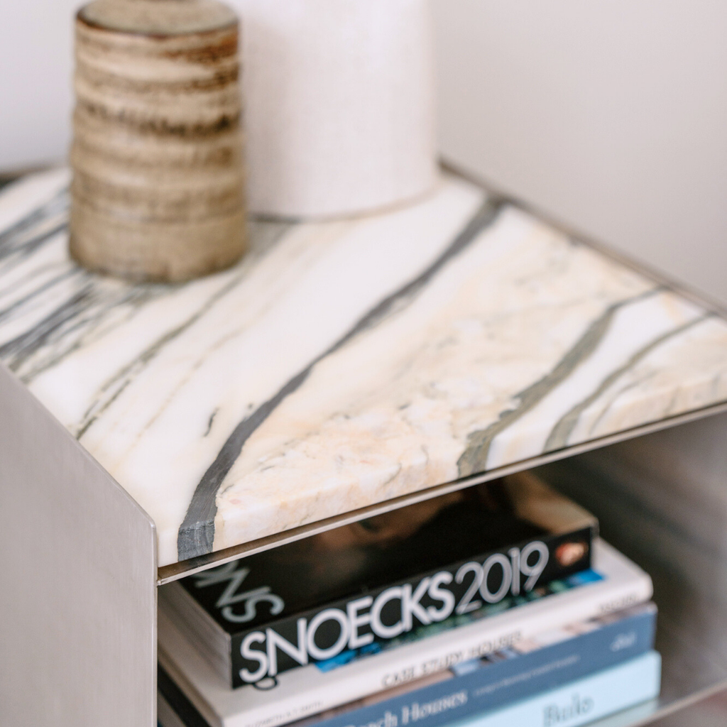 Coffee table Sofia W43 D38 H43.3 - Brushed steel - Italian blue white marble top - Straight edge