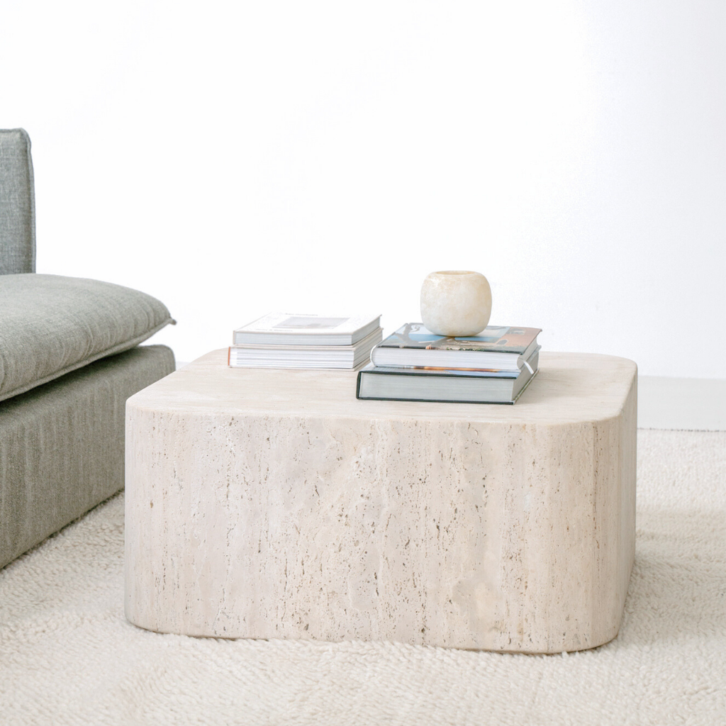 Coffee Table Alba - W80 D80 H35 - White Travertine - Round Edge