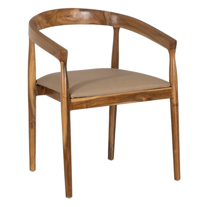 NATURAL-BEIGE TEAK WOOD-LEATHER CHAIR 54 X 51 X 70 CM