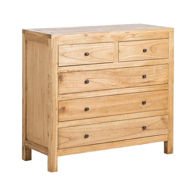 A light natural wood chest of drawers with five drawers, two on top and three below, featuring small round dark metal knobs, shown on a plain white background.