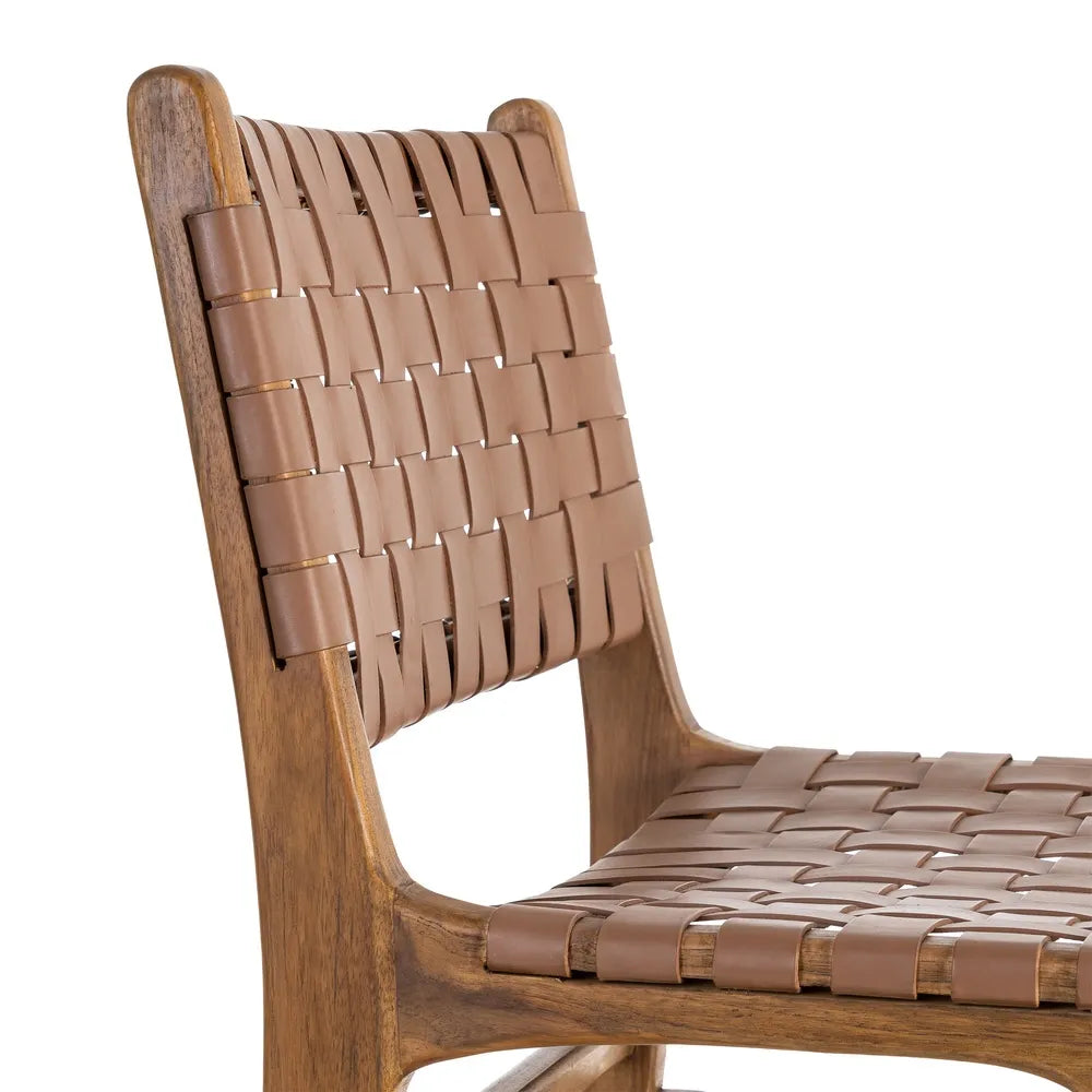 BROWN TEAK WOOD-LEATHER CHAIR 50 X 56 X 87 CM