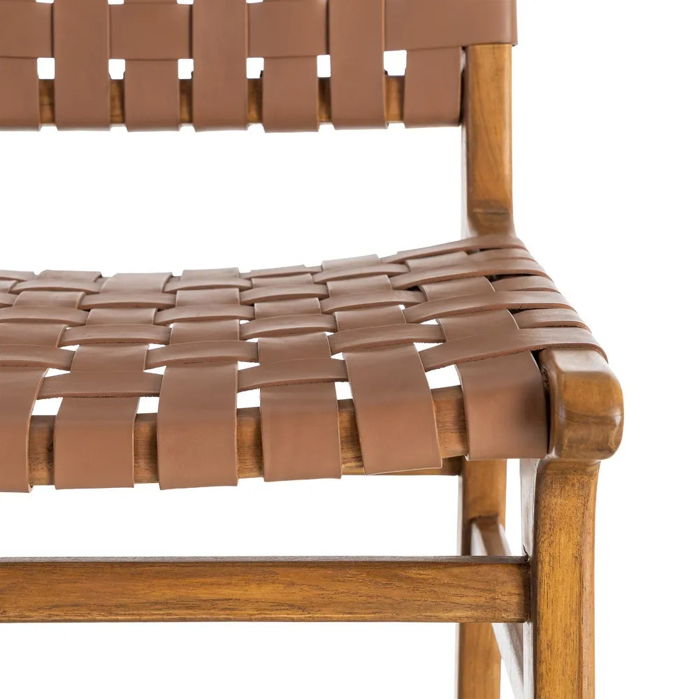 BROWN TEAK WOOD-LEATHER CHAIR 50 X 56 X 87 CM