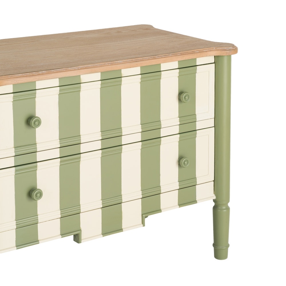 Striped Green-Cream Wood Side Cabinet - detail