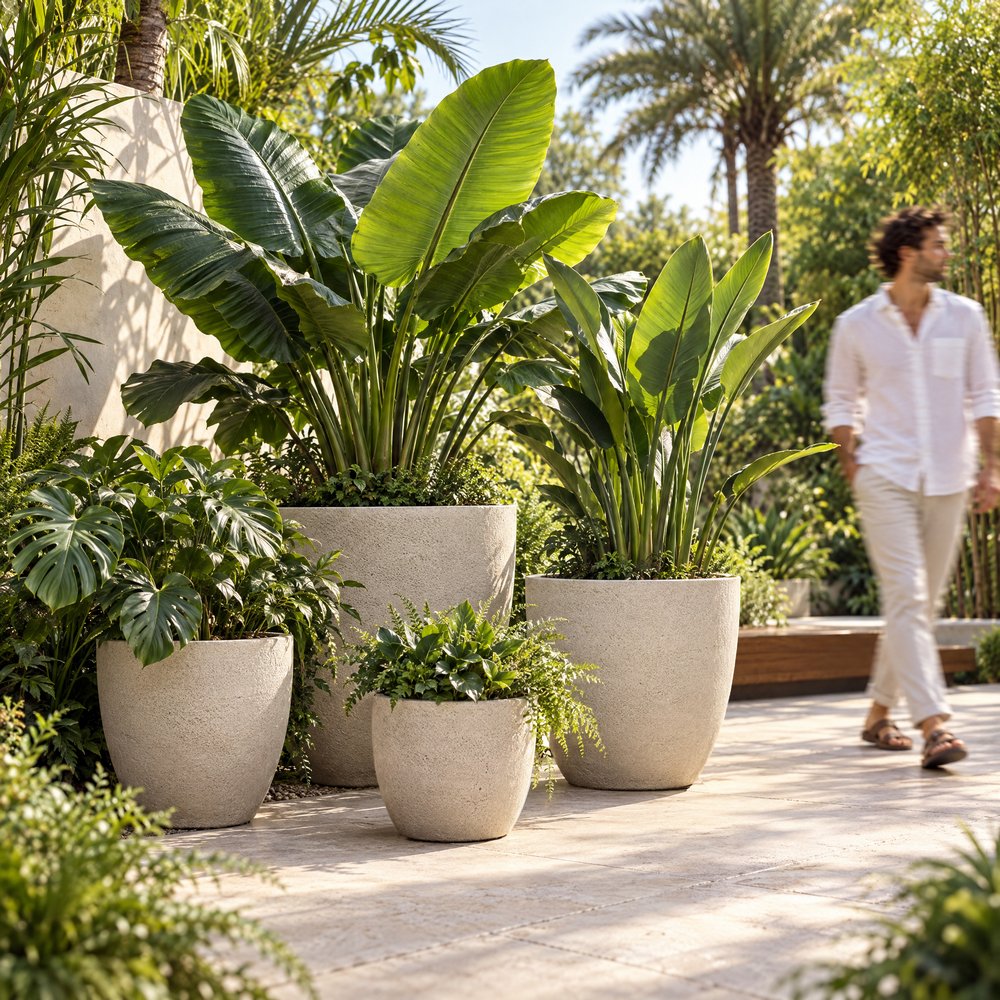 Set of 4 Beige Fibreglass Planters - detail