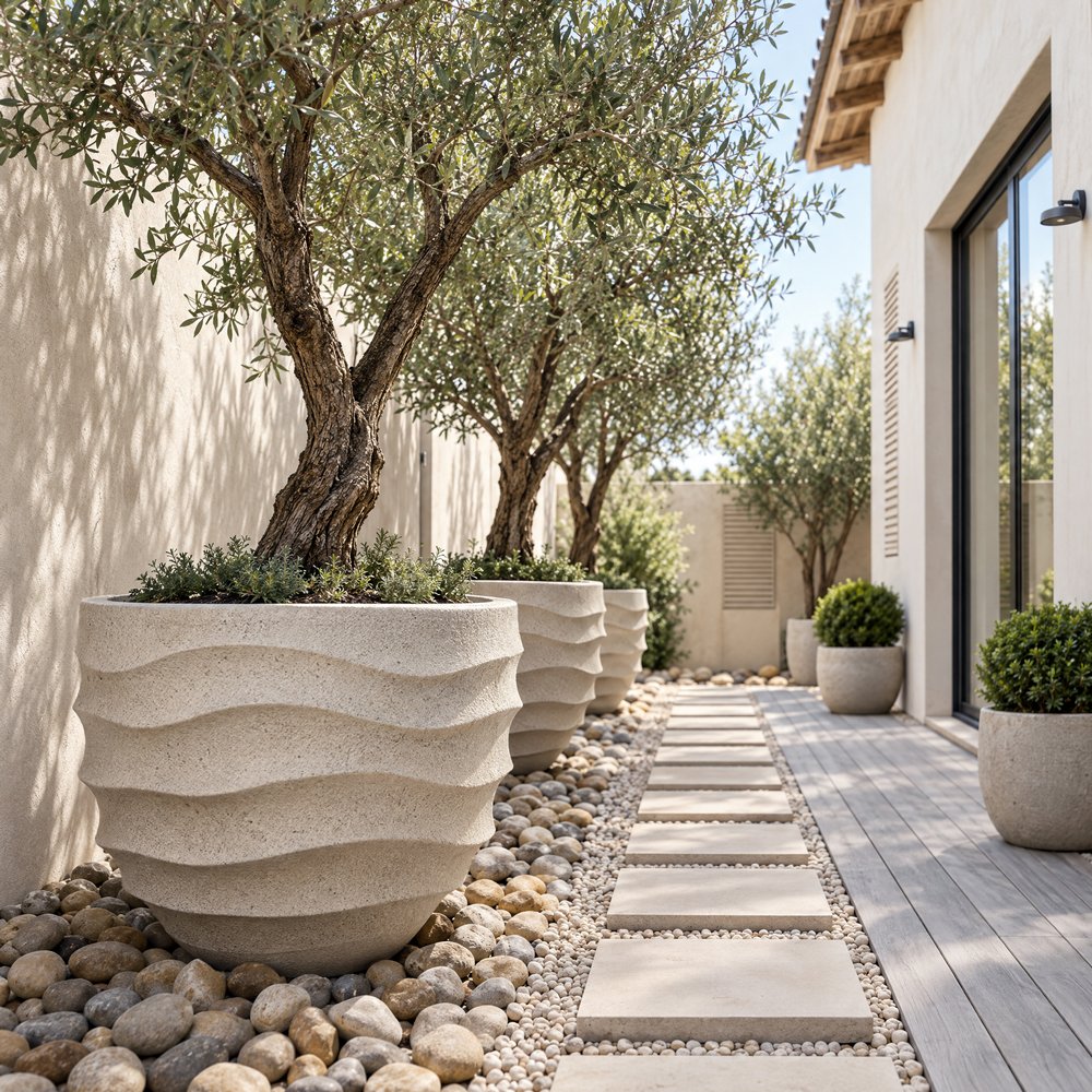 Set of 3 Beige Fibreglass Planters - detail