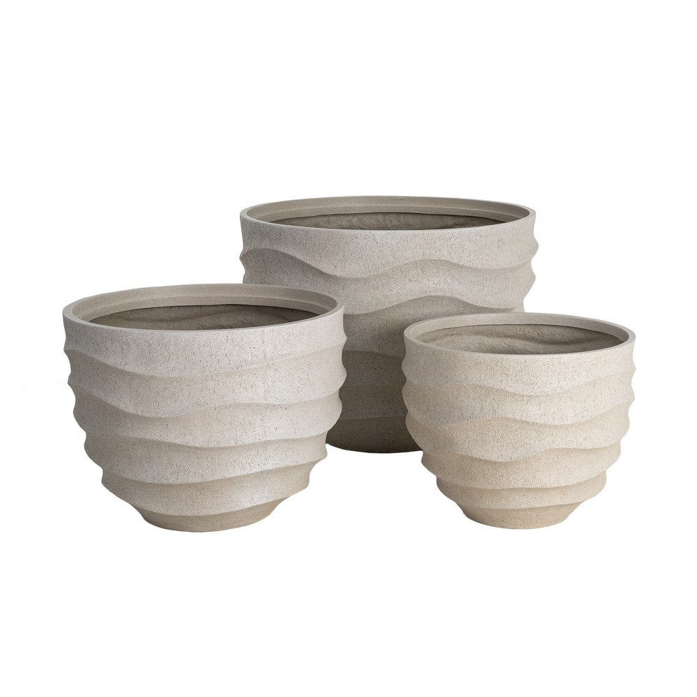 Set of 3 Beige Fibreglass Planters - in setting