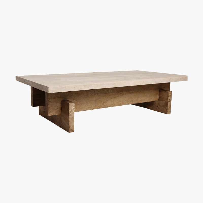 Travertine coffee table natural wood base rectangular