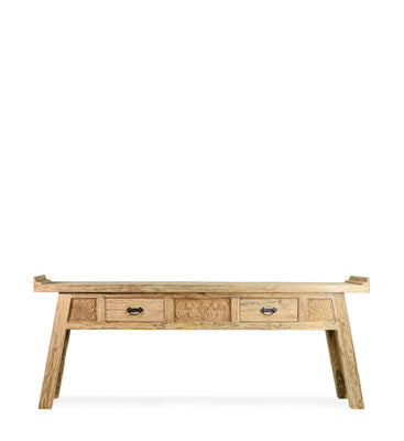 CARVED TEAK 2 DRAWERS CONSOLE TABLE