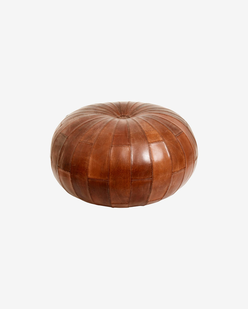 RUGBY LEATHER POUF, ROUND, ANTIQUE BROWN