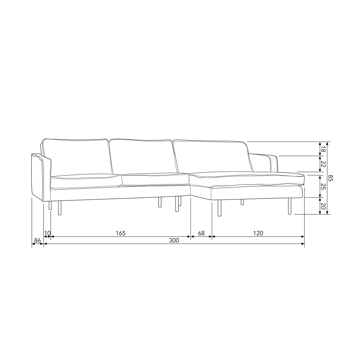 RODEO CHAISE LONGUE RIGHT STRUCTURE VELVET BONSAI