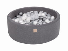 Load image into Gallery viewer, Baby Foam Round Ball Pit 90x30cm with 200 Balls 7cm Certified, Cotton, Dark Gray: White Pearl/Silver/Transparent