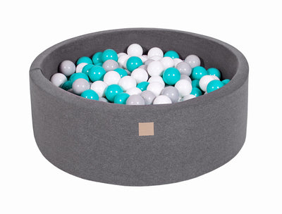 Baby Foam Round Ball Pit 90x30cm with 200 Balls 7cm Certified, Cotton, Dark Gray: White/Gray/Turquoise
