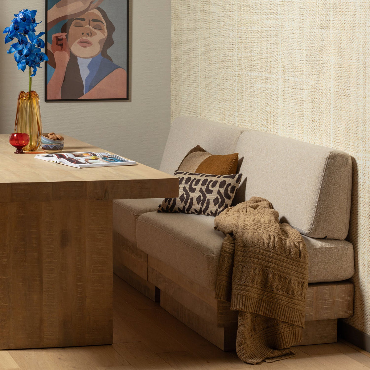 BALK WALL BENCH MANGO WOOD NATURAL INCLUDING CUSHIONS